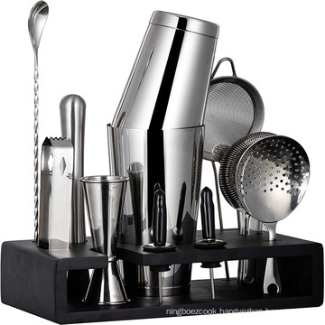 Hot selling 15pcs bar tools set Cocktail Shaker Set with Bambo Stand,Perfect Bartender Kit for Bar,with diverse cocktail utensil